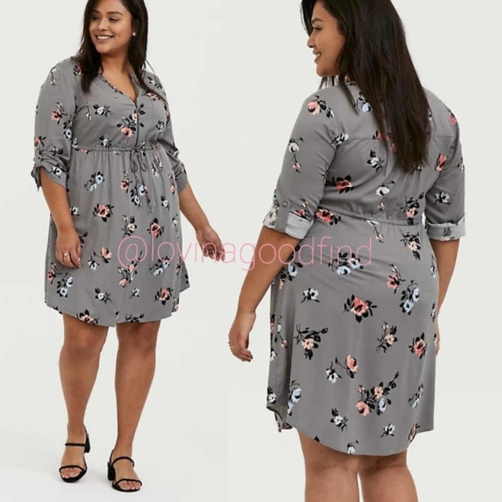 TORRID GREY FLORAL CHALLIS ZIP FRONT SHIRT DRESS NWT sz 3